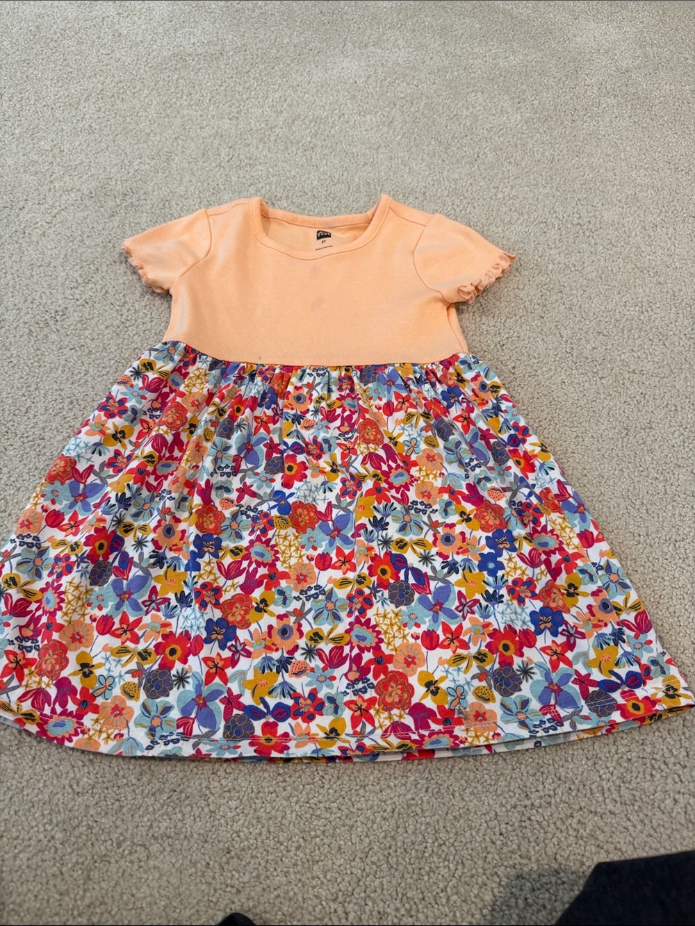 Tea Collection Peach Bodice Multicolor Floral Skirt Dress